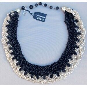 Vtg Women's Seed Bead Braided Bib Collar Choker Necklace Silver Bohemian Glass